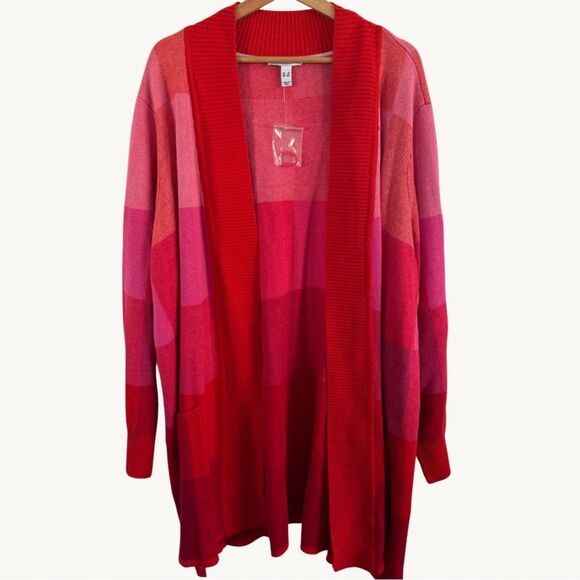 Isaac Mizrahi Live! Pattern Jacquard Cozy Cardigan Red Color Block Women Size 3X - Picture 1 of 9